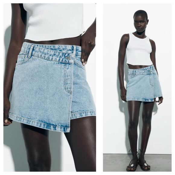Zara Denim Wrap Skort Size Small Light Wash Minimalist Classic 5862/154/427 - Picture 1 of 11
